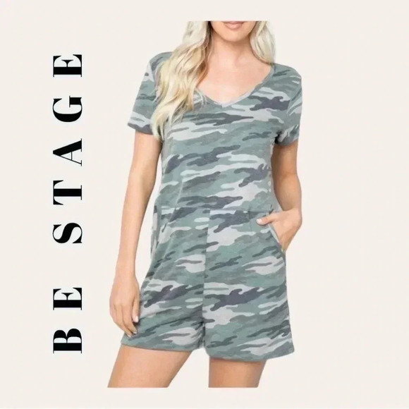 0426W. BE STAGE‎ CAMO ROMPER SIZE LARGE GREEN IN COLOR SHORT SLEEVE - Picture 1 of 11